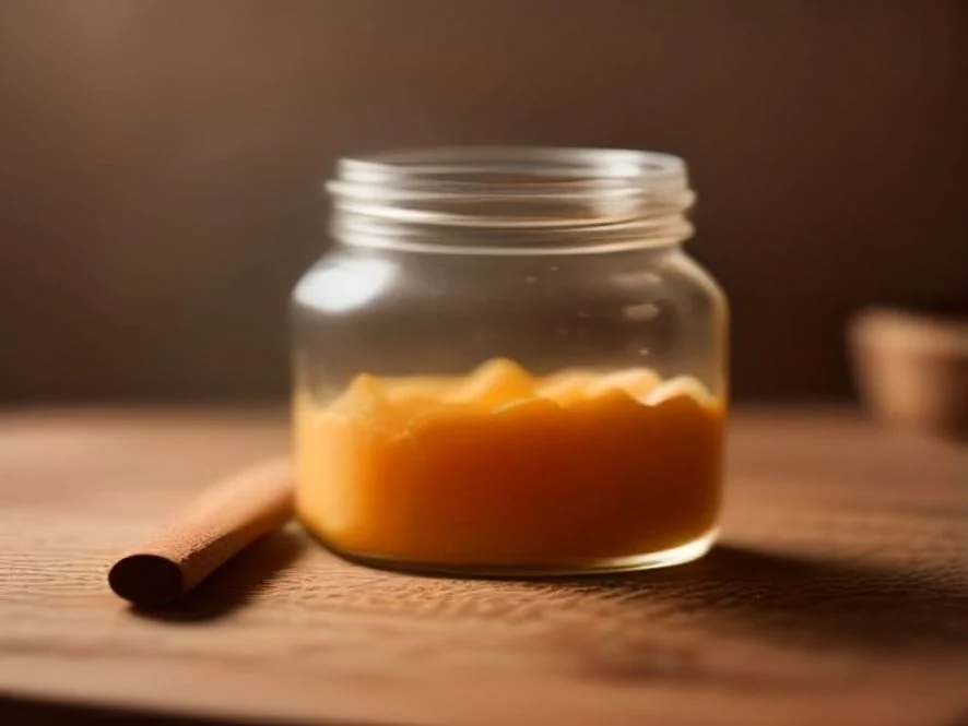 An open jar of thick, part-crystallised honey on a wooden counter, a wooden stick lying beside it.