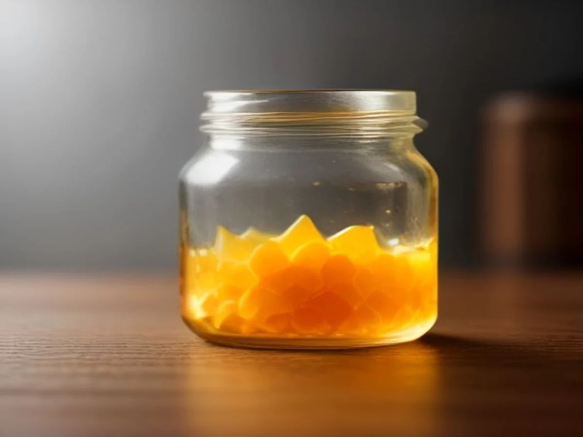 Kepingan sarang madu mentah diangkat dengan sudu dari sebalang SUBUR Honey berempah.