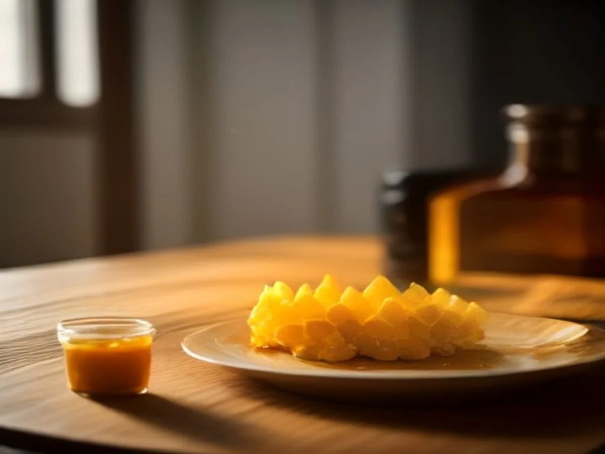 A piece of capped raw honeycomb resting in a jar of honey, the wax cells still sealed.