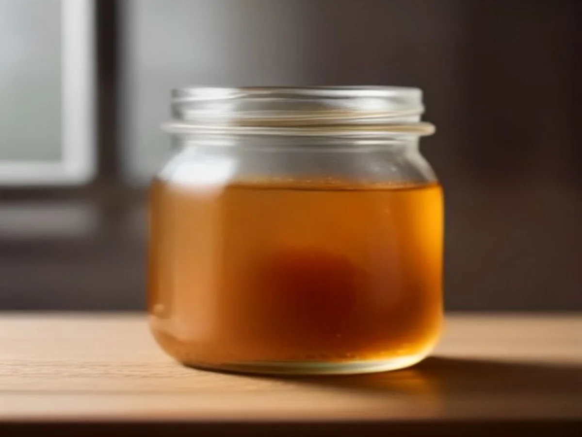 A closed glass honey jar stored in a shaded Malaysian kitchen cupboard, away from the kettle.
