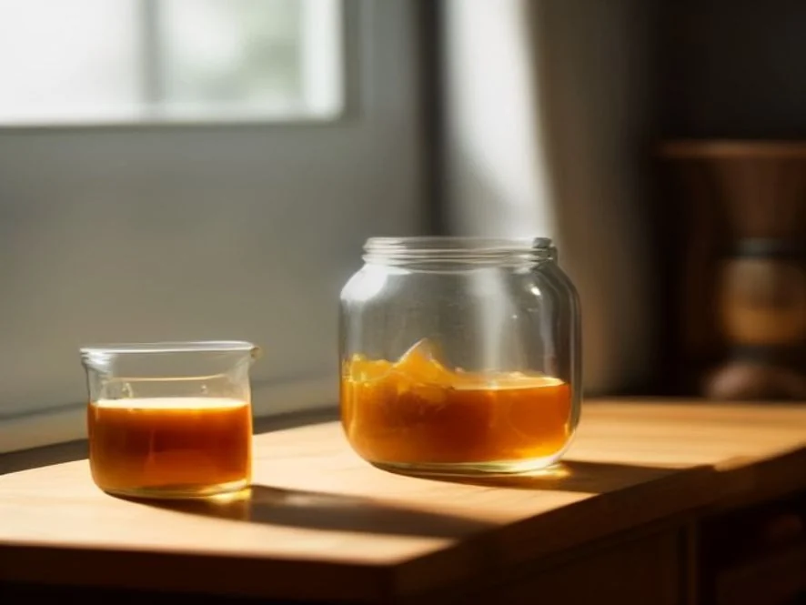 An open glass jar of honey and a smaller glass jug of honey standing on a wooden table beside a window in soft daylight.