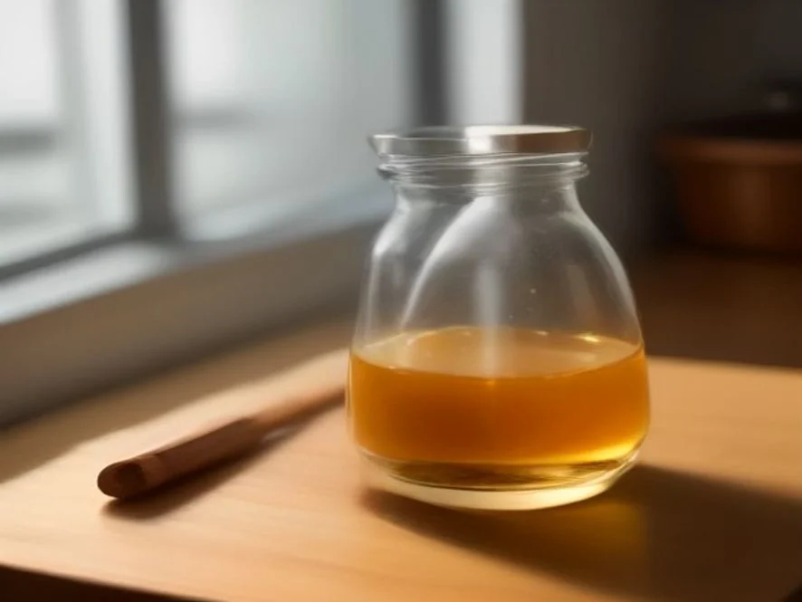 A plain glass honey jar with a wooden honey dipper resting beside it on a light surface.