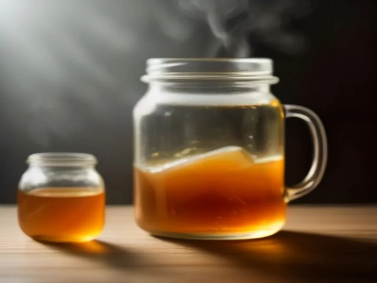 Madu dituang ke dalam cawan berisi air suam di sebelah cerek, cara betul madu campur air panas.