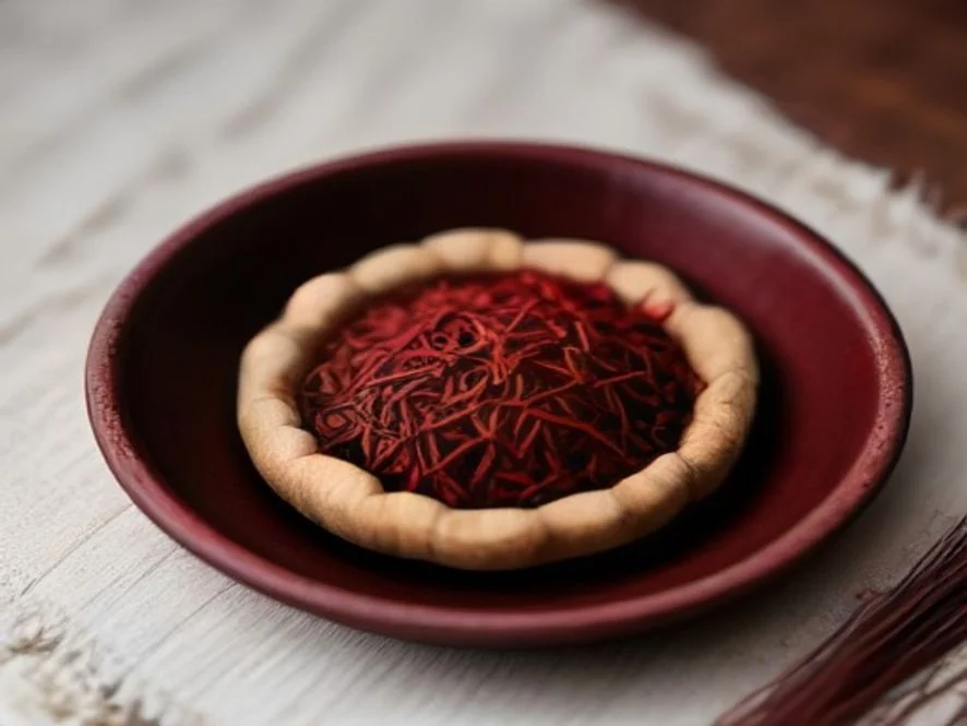 Helai saffron kering berwarna merah tua di dalam pinggan kecil di atas meja kayu.
