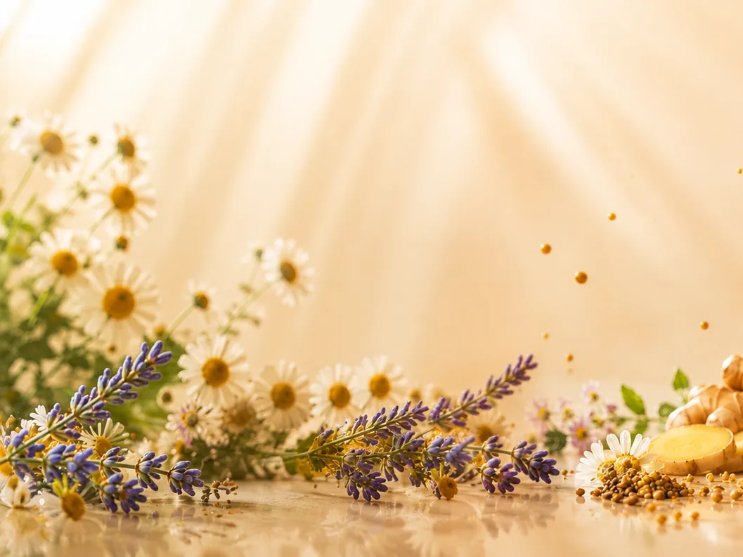 Chamomile and lavender lying in warm light on a honey-coloured surface.