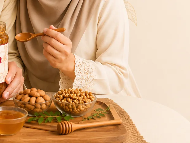 Dua mangkuk kaca berisi kacang dan penyendok madu di atas papan kayu, dengan sebelah tangan mengangkat sudu kayu.