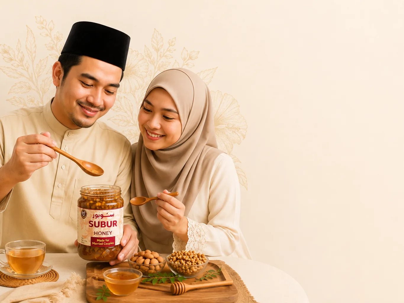 A couple sharing honey at a table set with tea, nuts and a jar of SUBUR honey.