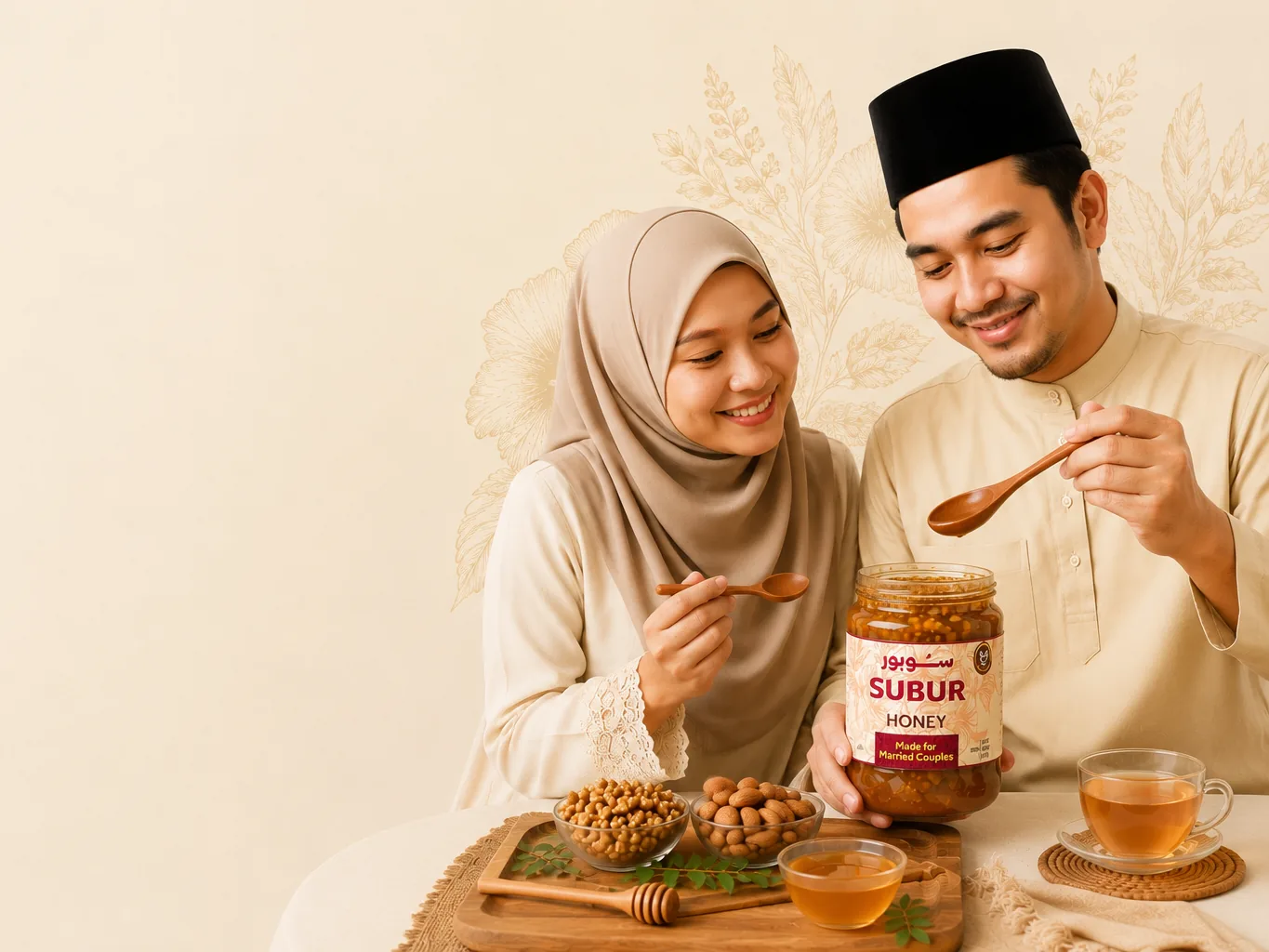 A couple each holding a wooden spoon beside an open jar of SUBUR honey.
