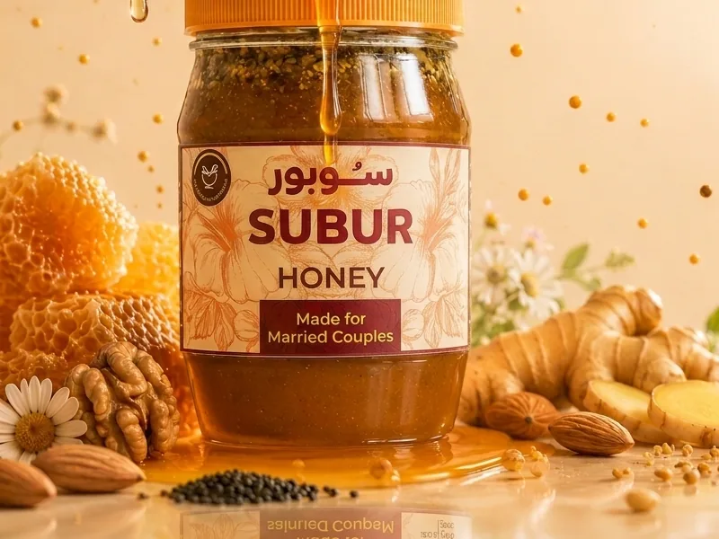 A jar of SUBUR honey with honeycomb, walnuts and almonds at its base and honey pouring in.