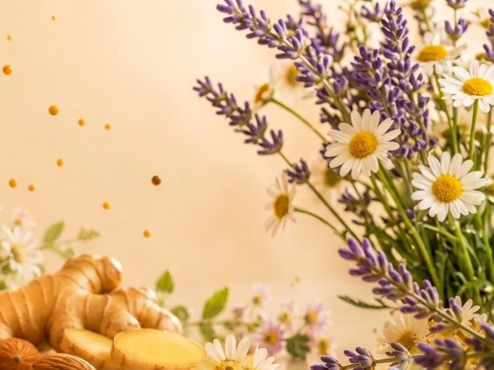 Lavender, chamomile and sliced ginger on a warm cream surface.
