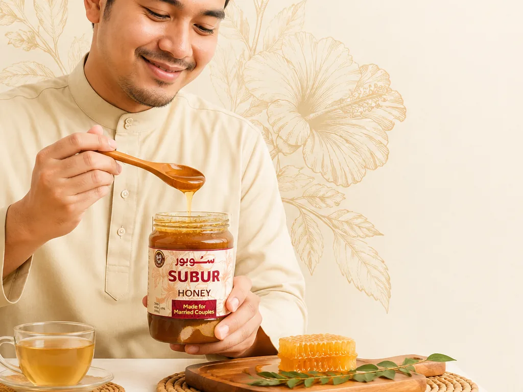 Sudu kayu berisi madu dipegang rapat di atas balang madu SUBUR yang terbuka.
