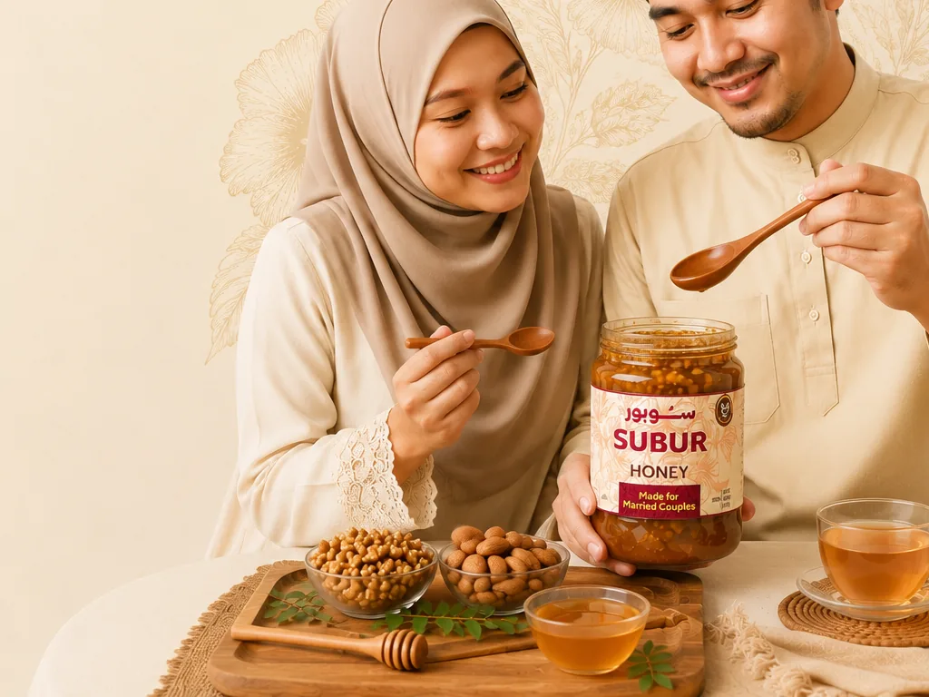 مائدة عليها مرطبان عسل سُبور وأوعية مكسّرات وطبق عسل وكوب شاي.